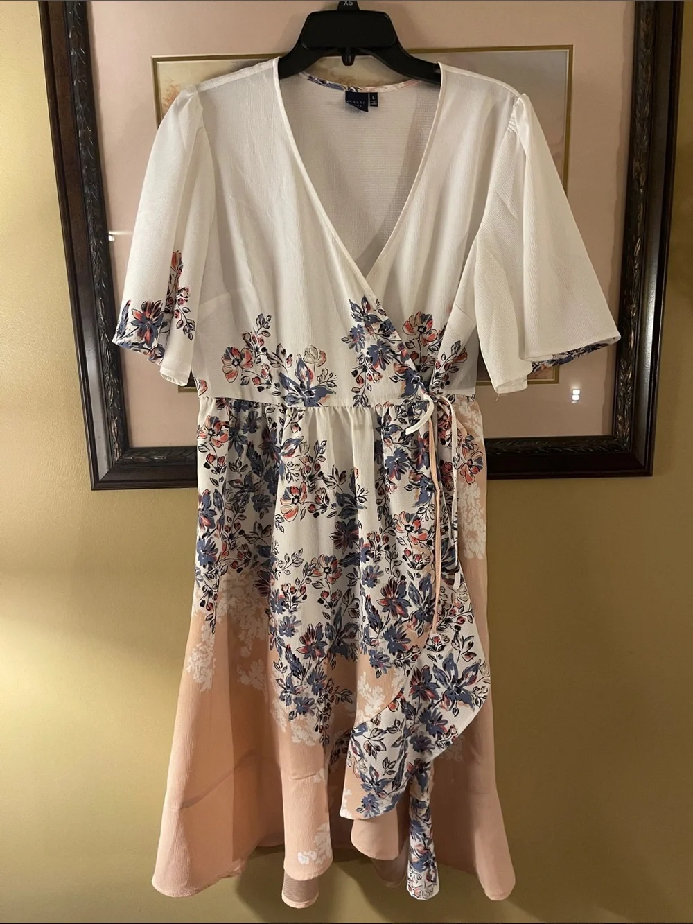 Kaari Blue White Wrap Dress with Peach and Navy Floral Print size large